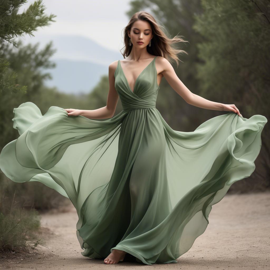 A stunning image of graceful model in a flowing green chiffon gown.