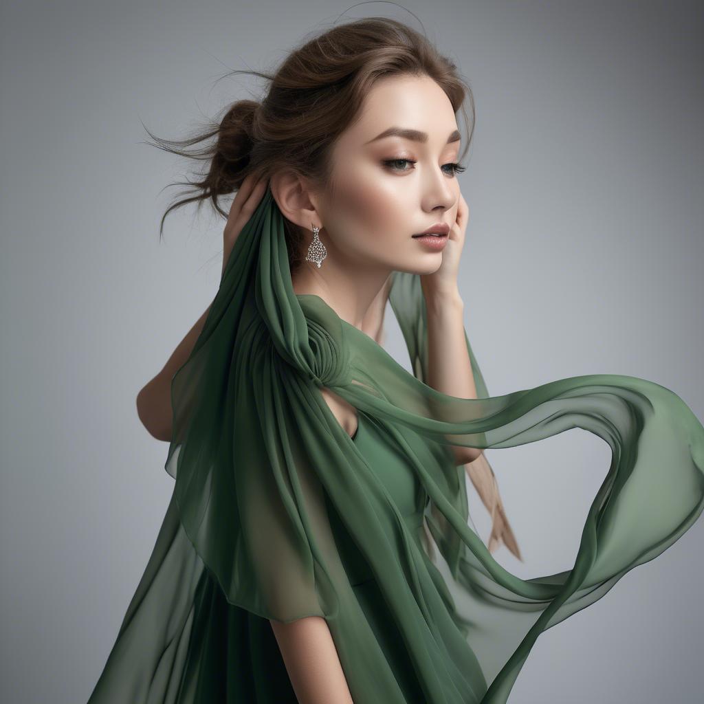 A stunning image of graceful model in a flowing green chiffon gown.