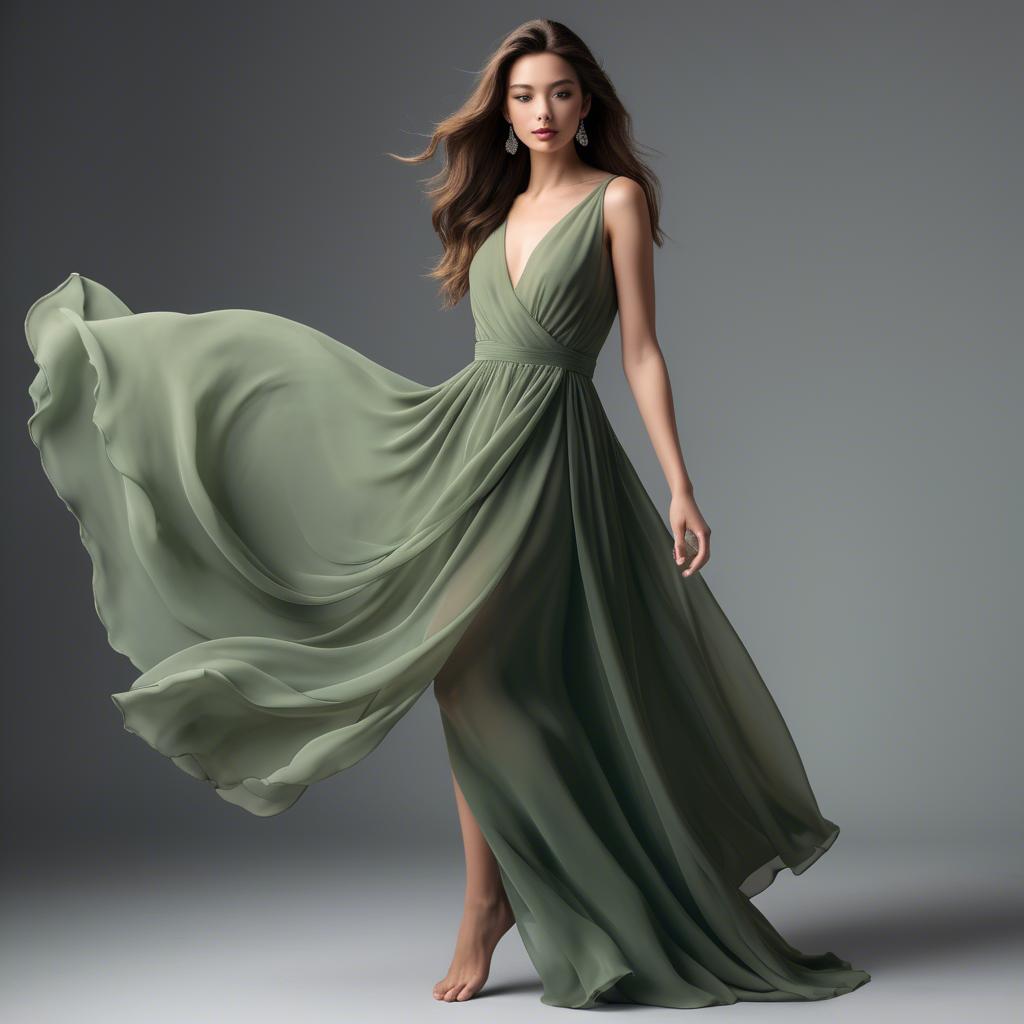 A stunning image of graceful model in a flowing green chiffon gown.