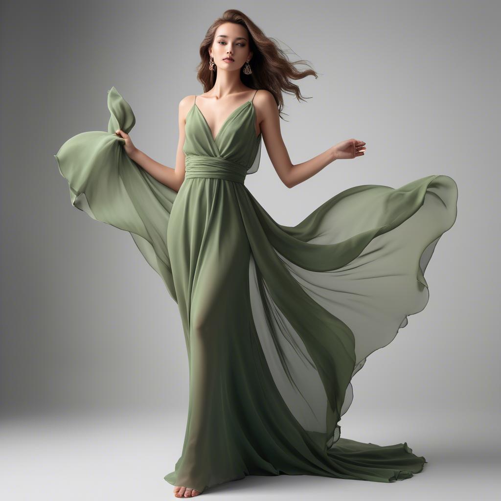 A stunning image of graceful model in a flowing green chiffon gown.
