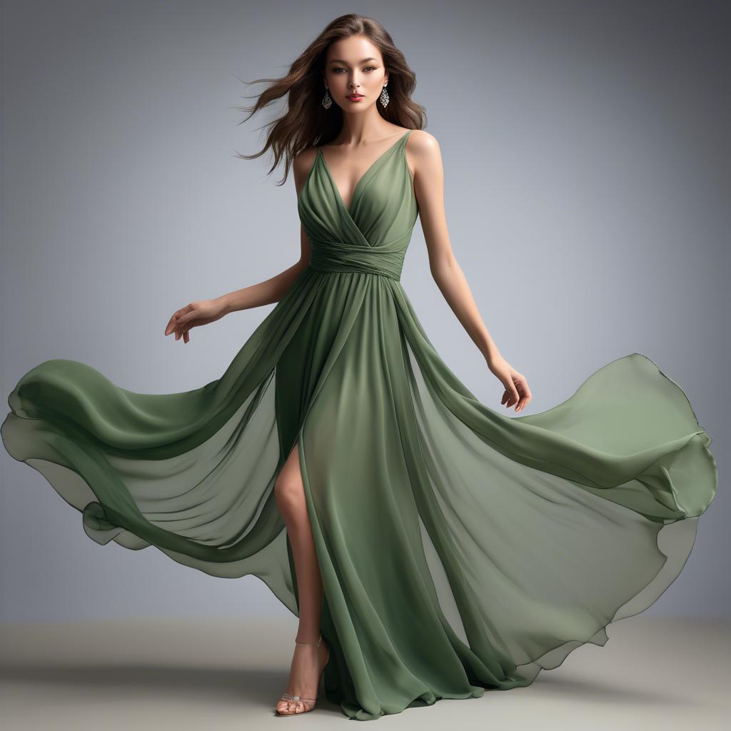 A stunning image of graceful model in a flowing green chiffon gown.