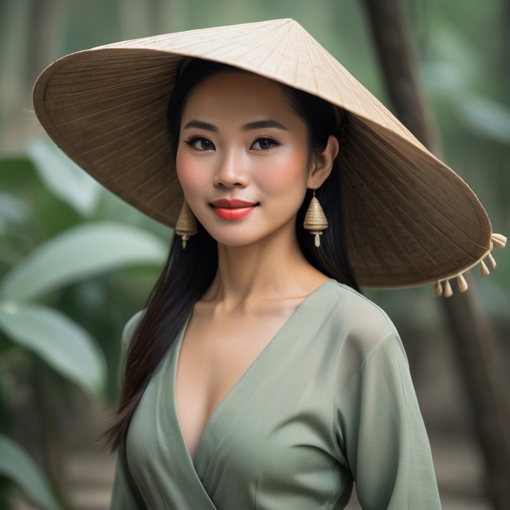 A stunning image of graceful vietnamese woman with a conical hat.