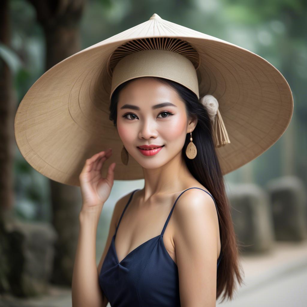 A stunning image of graceful vietnamese woman with a conical hat.