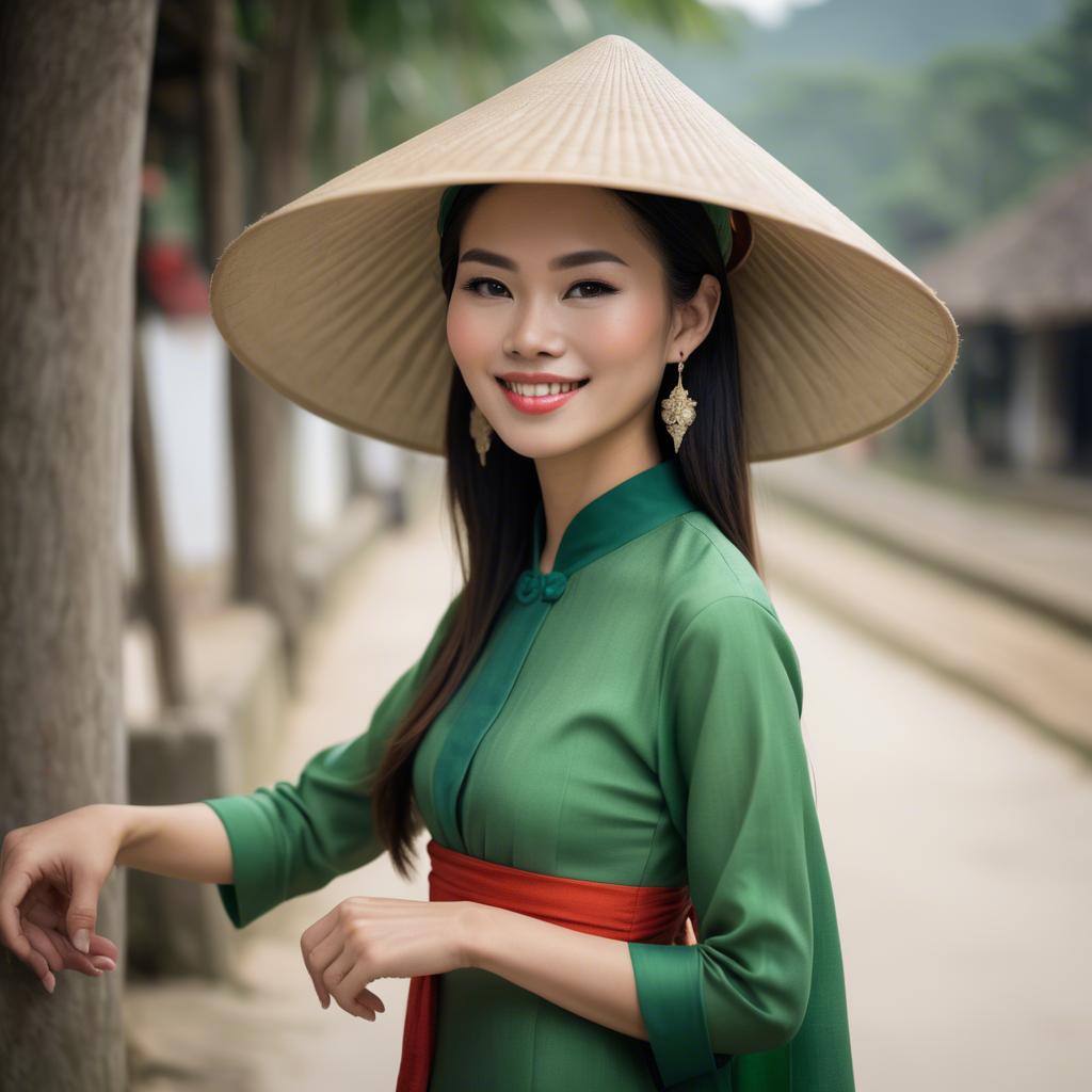 A stunning image of graceful vietnamese woman with a conical hat.