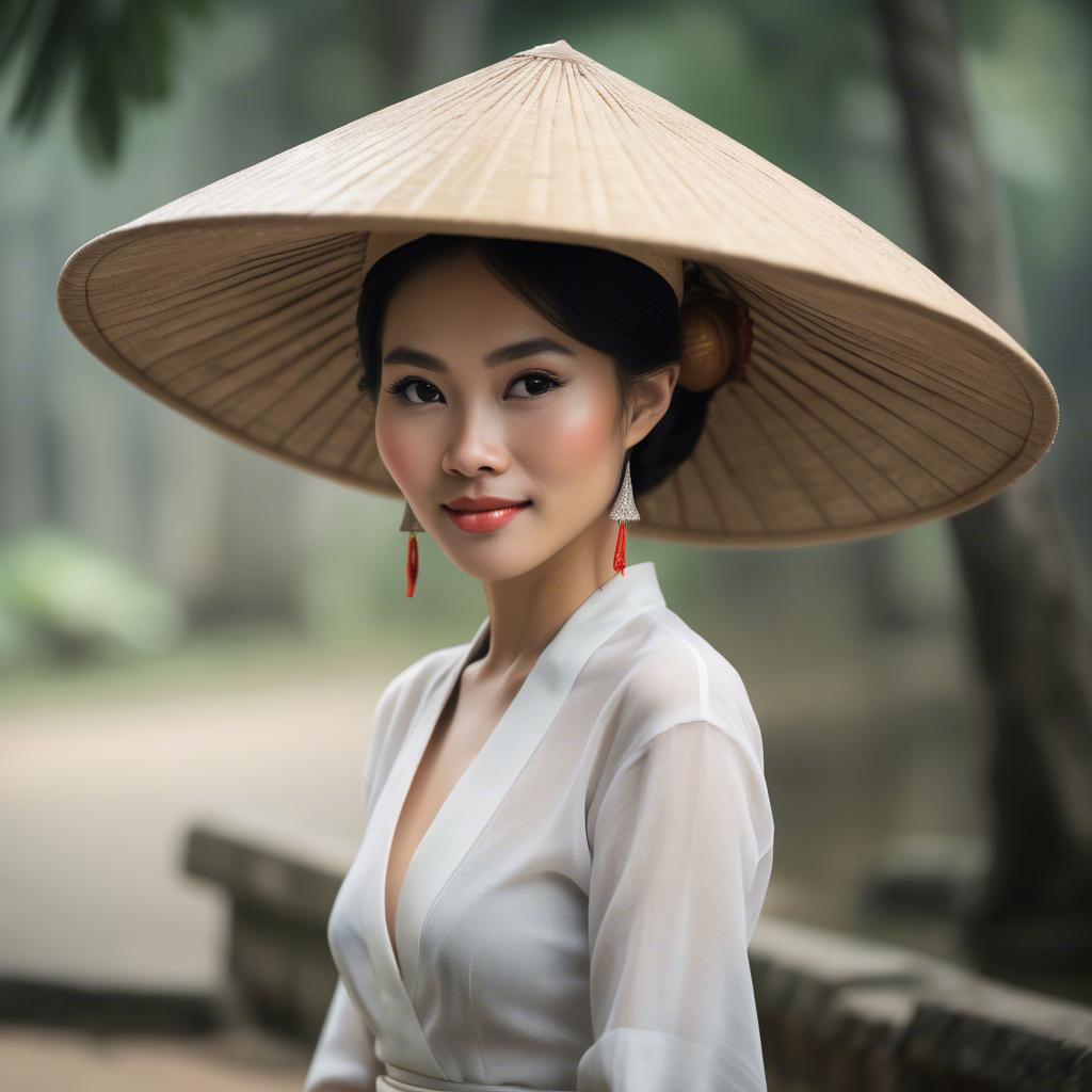 A stunning image of graceful vietnamese woman with a conical hat.