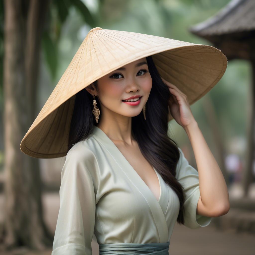 A stunning image of graceful vietnamese woman with a conical hat.