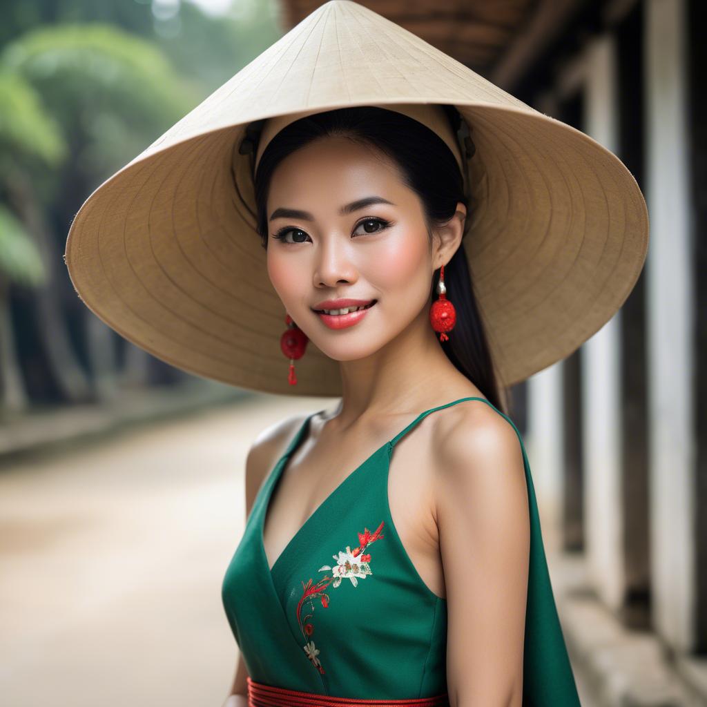 A stunning image of graceful vietnamese woman with a conical hat.