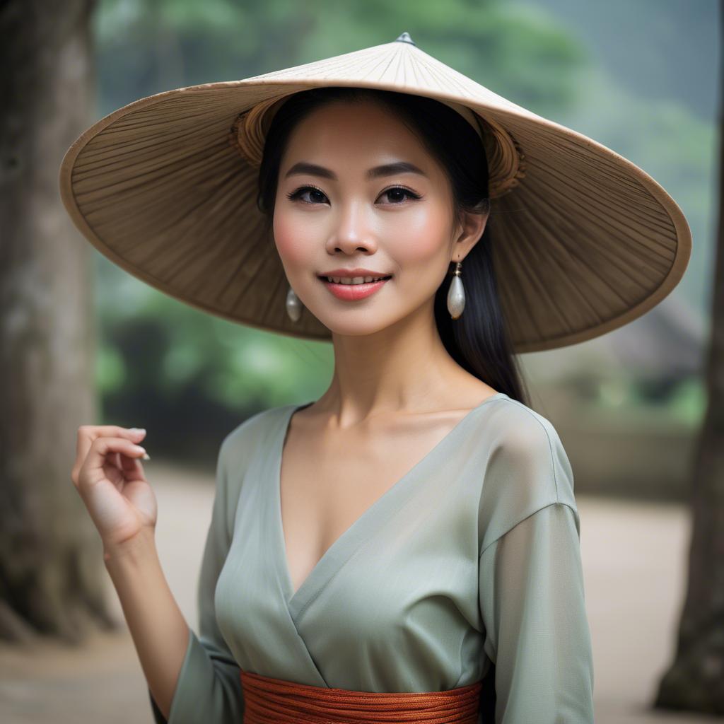 A stunning image of graceful vietnamese woman with a conical hat.