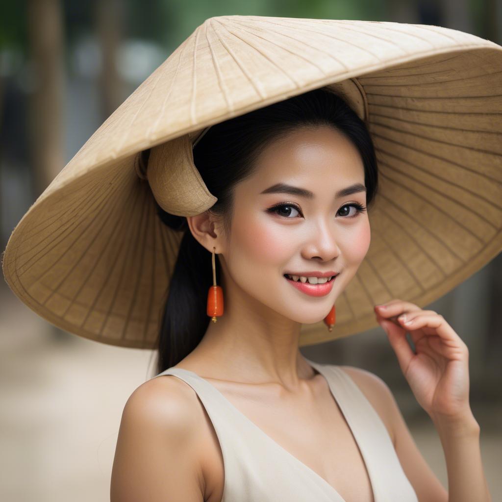 A stunning image of graceful vietnamese woman with a conical hat.