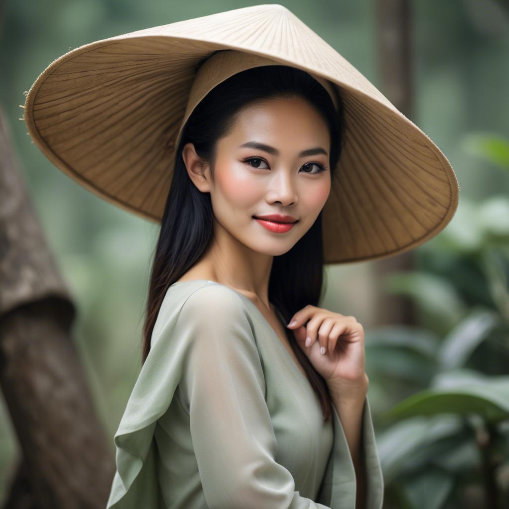 A stunning image of graceful vietnamese woman with a conical hat.