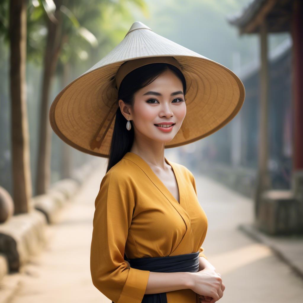 A stunning image of graceful vietnamese woman with a conical hat.