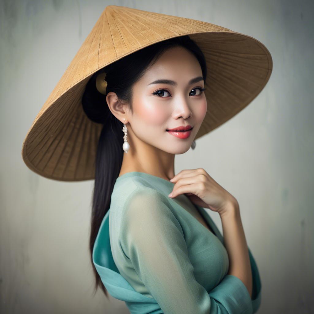 A stunning image of graceful vietnamese woman with a conical hat.