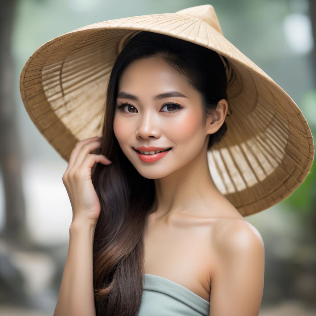 A stunning image of graceful vietnamese woman with a conical hat.