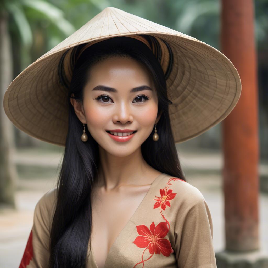 A stunning image of graceful vietnamese woman with a conical hat.