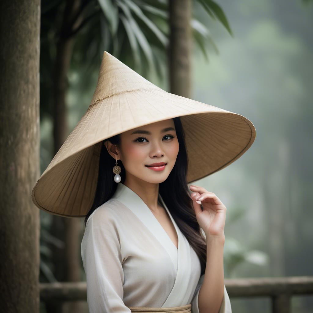 A stunning image of graceful vietnamese woman with a conical hat.