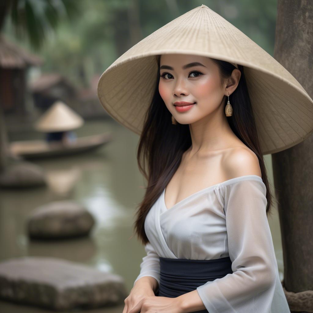 A stunning image of graceful vietnamese woman with a conical hat.