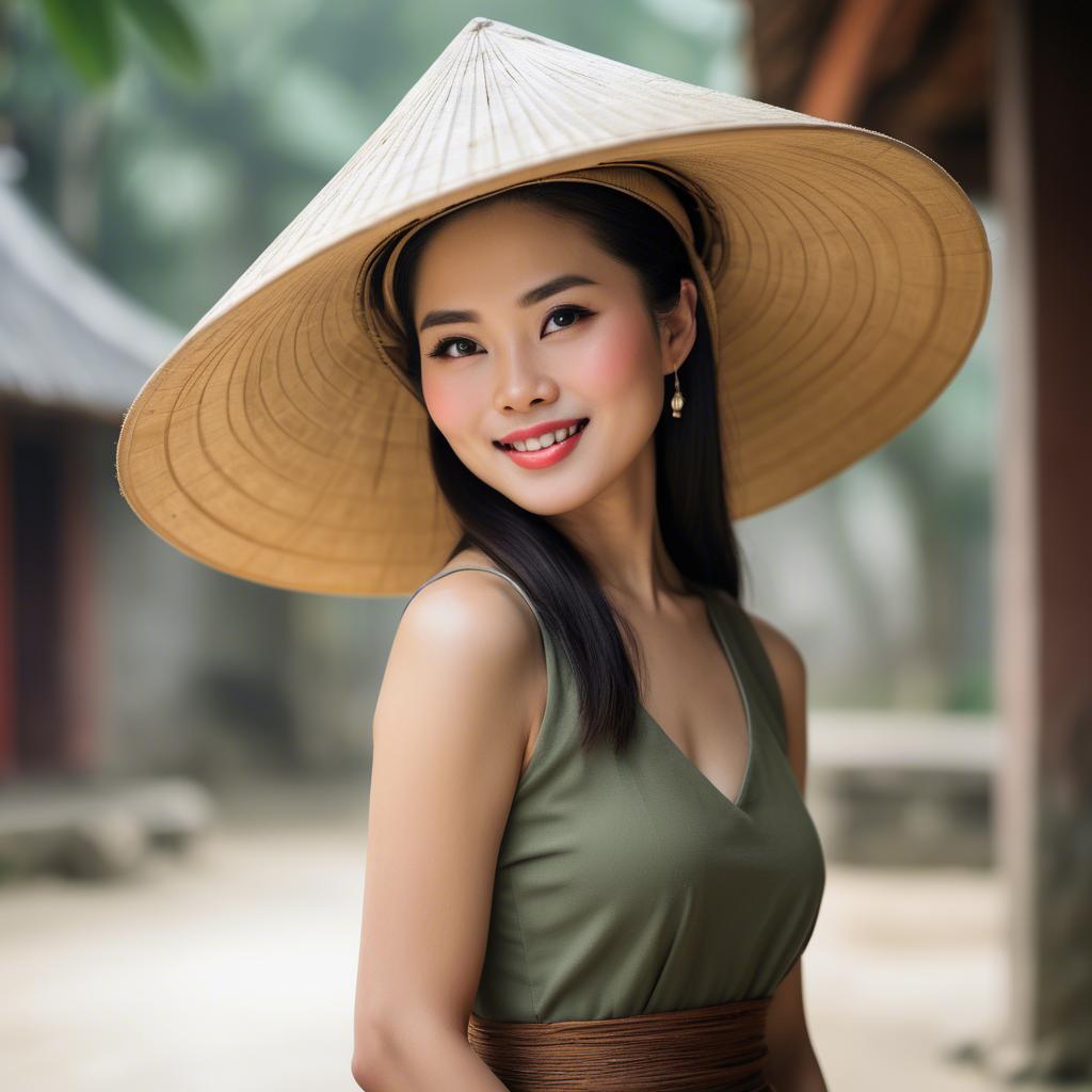 A stunning image of graceful vietnamese woman with a conical hat.