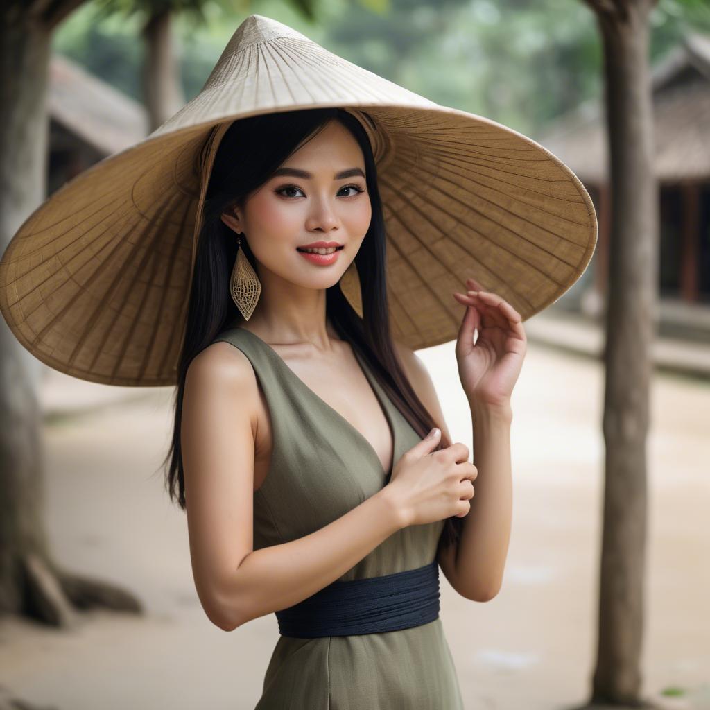 A stunning image of graceful vietnamese woman with a conical hat.