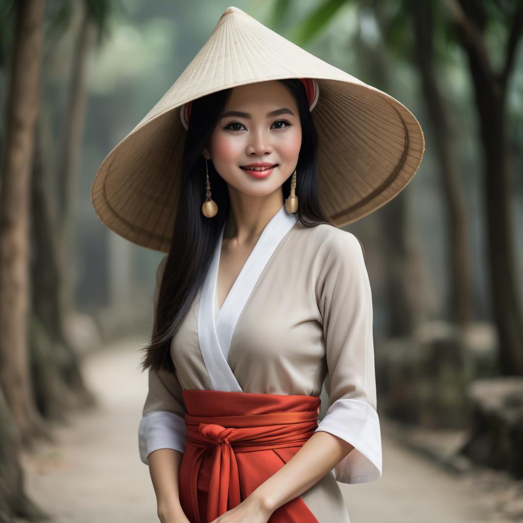 A stunning image of graceful vietnamese woman with a conical hat.
