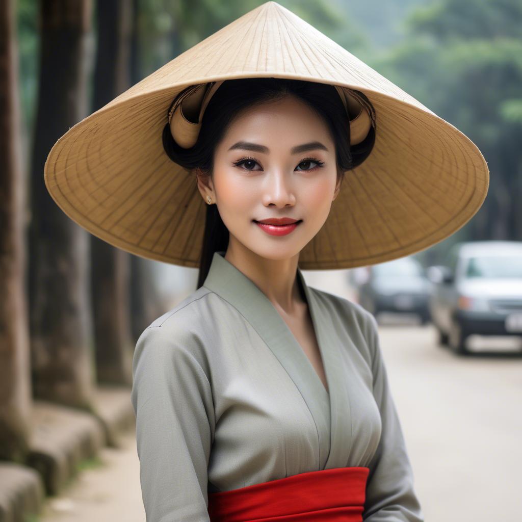 A stunning image of graceful vietnamese woman with a conical hat.