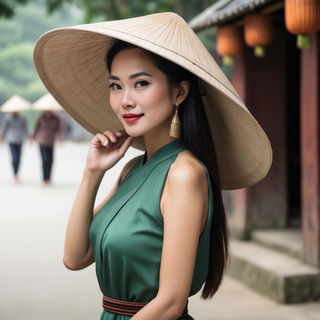 A stunning image of graceful vietnamese woman with a conical hat.