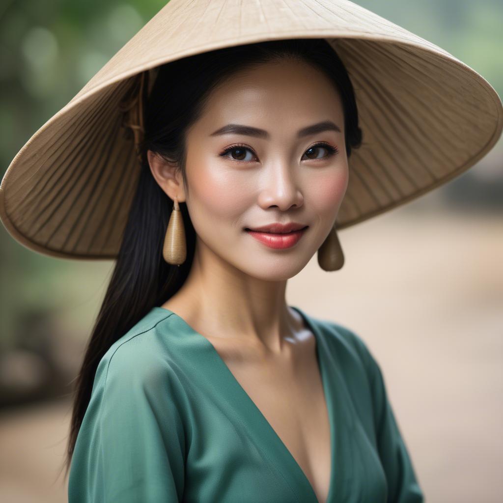 A stunning image of graceful vietnamese woman with a conical hat.