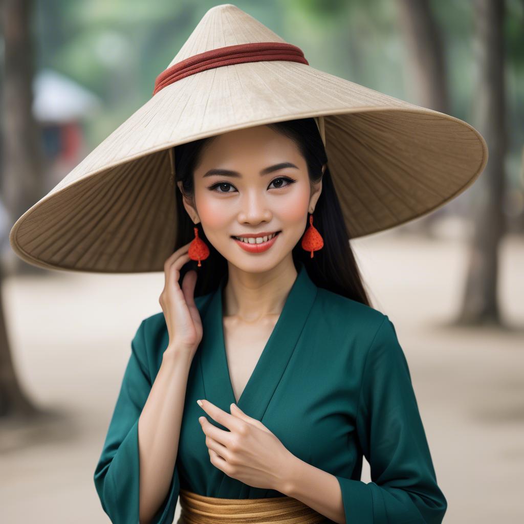 A stunning image of graceful vietnamese woman with a conical hat.
