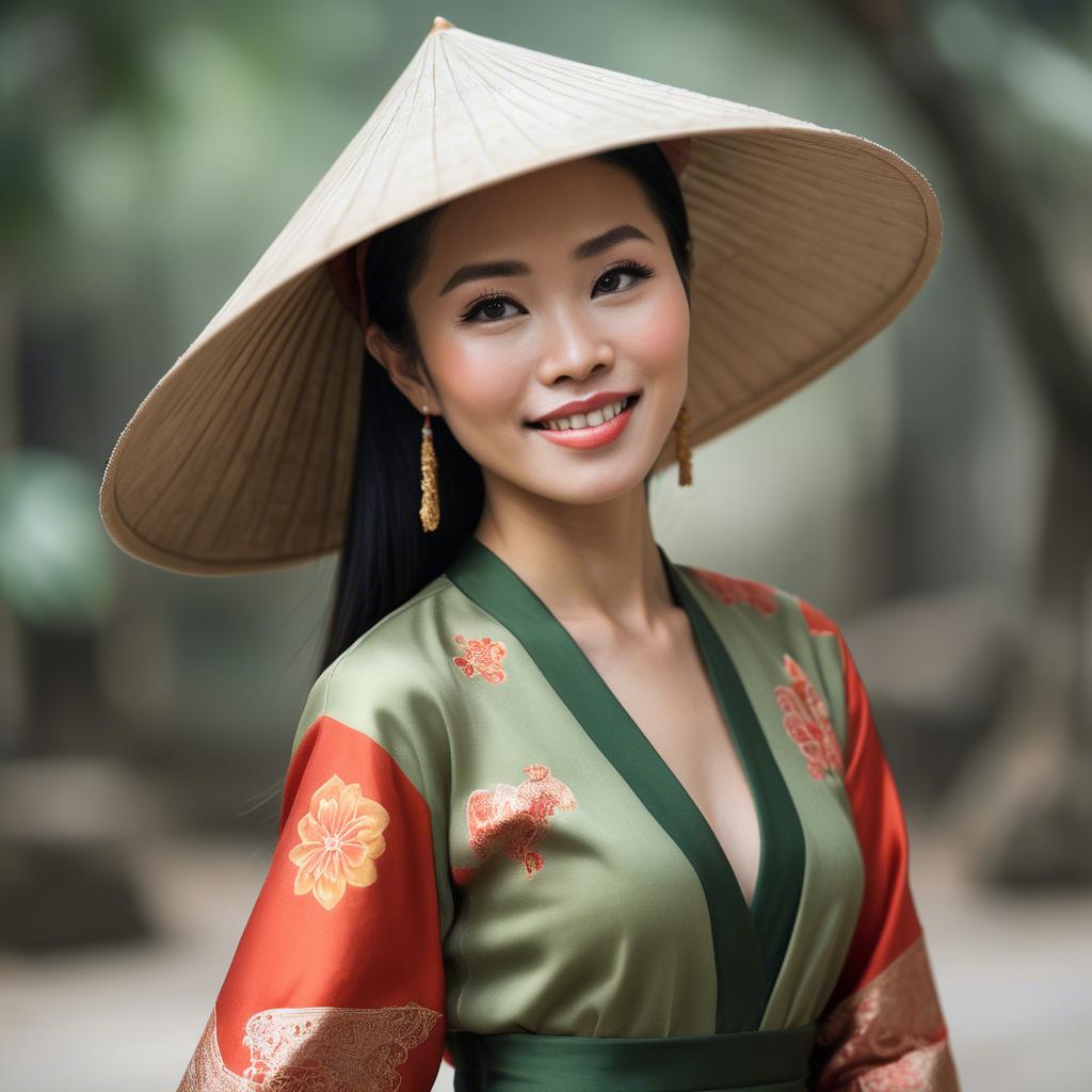 A stunning image of graceful vietnamese woman with a conical hat.