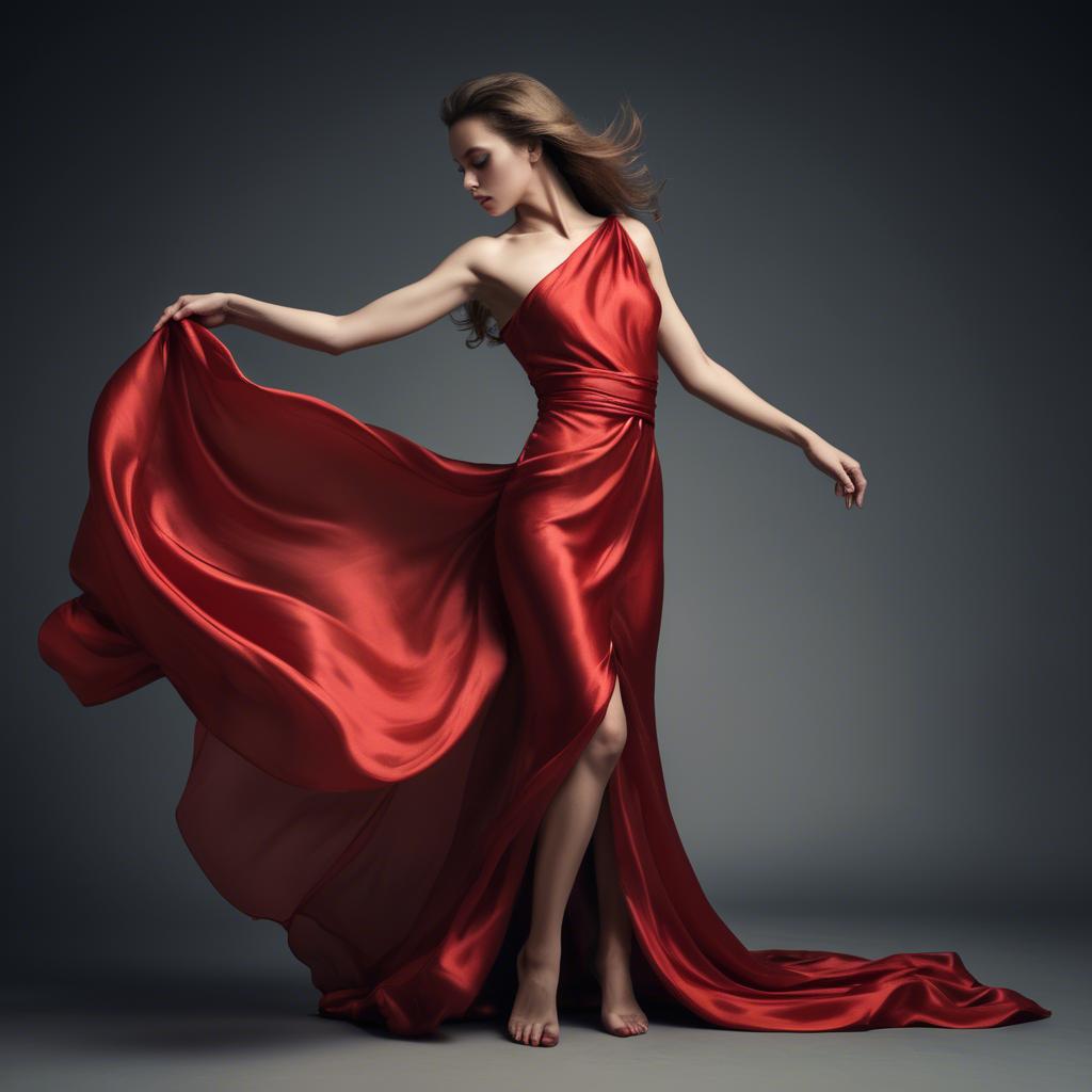 A stunning image of graceful woman in a dramatic red silk dress.