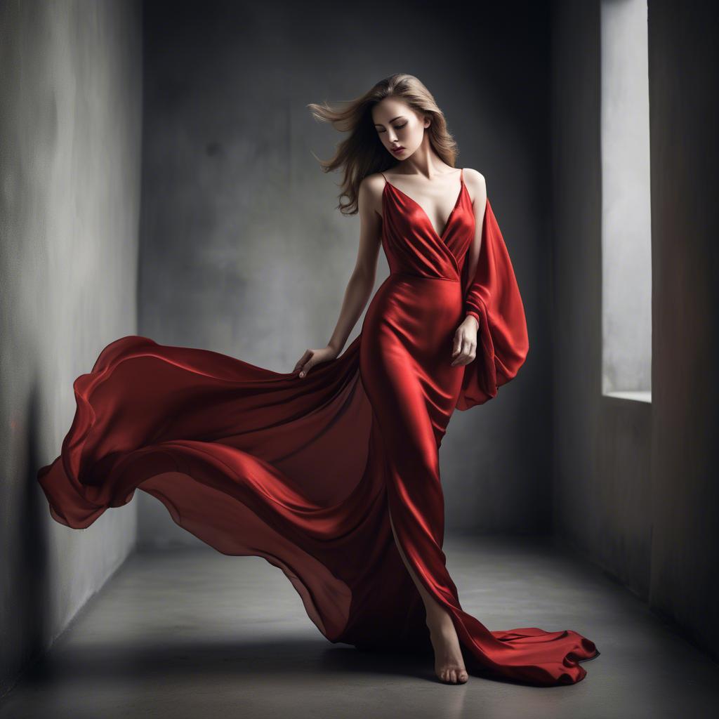 A stunning image of graceful woman in a dramatic red silk dress.