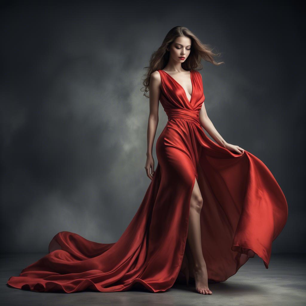 A stunning image of graceful woman in a dramatic red silk dress.