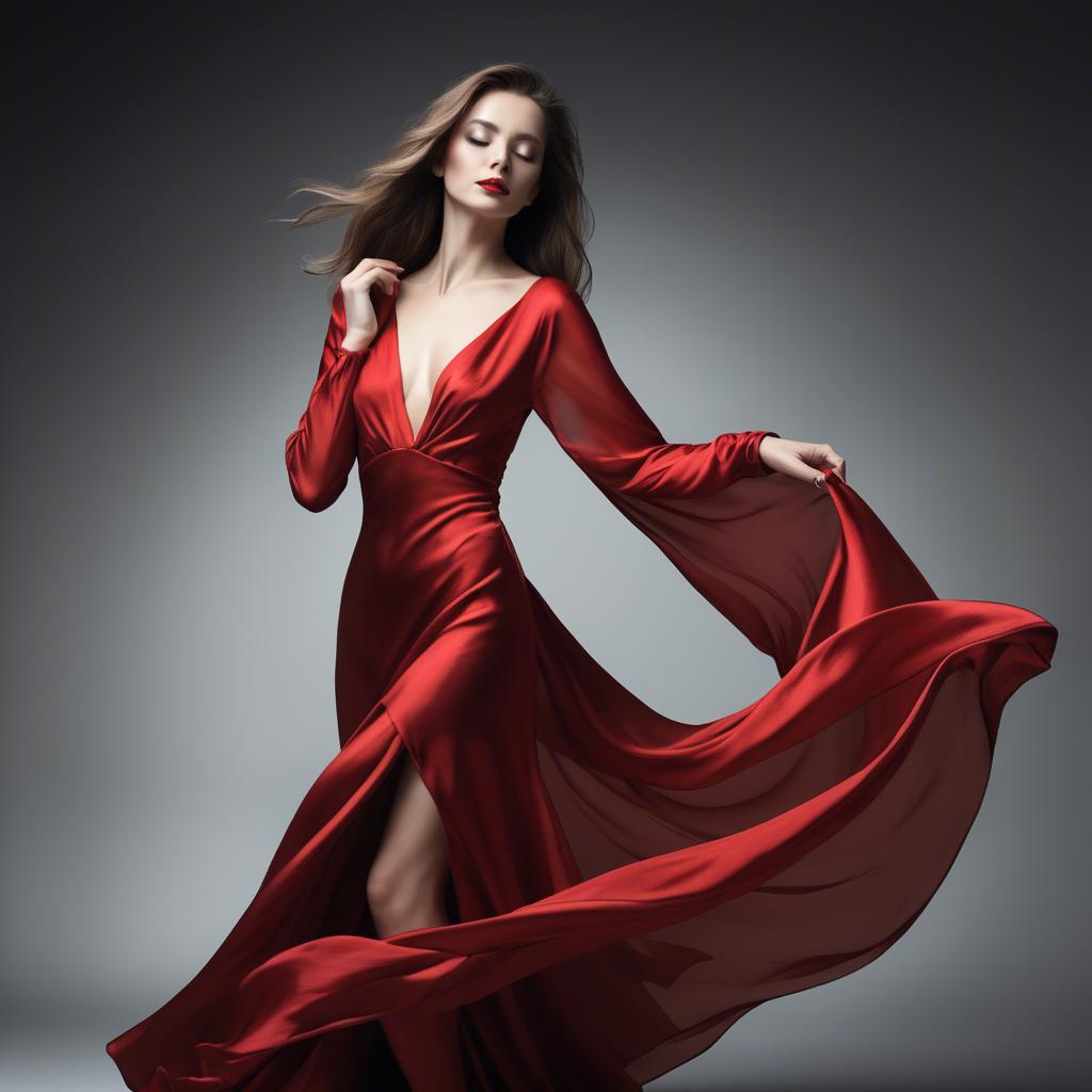 A stunning image of graceful woman in a dramatic red silk dress.