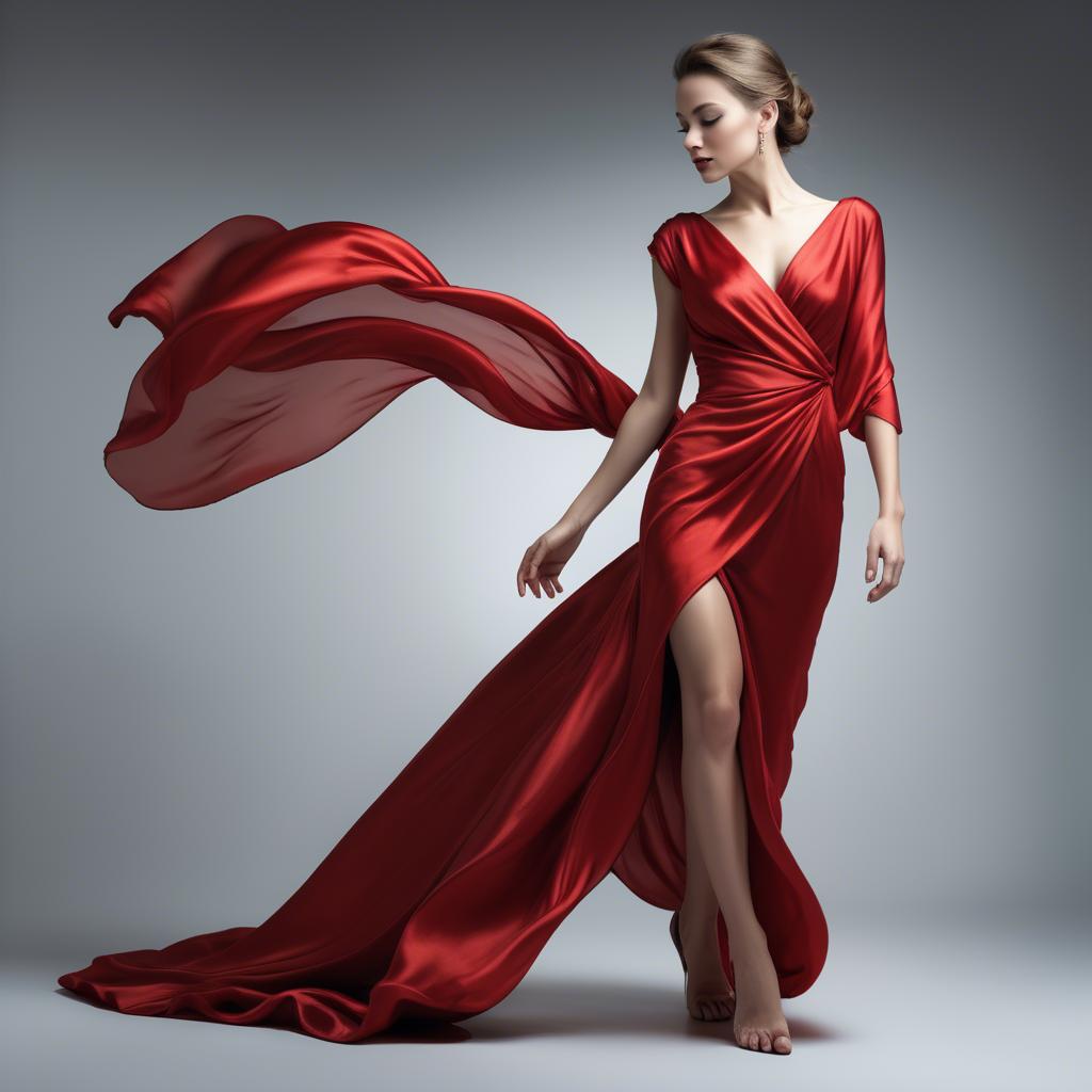 A stunning image of graceful woman in a dramatic red silk dress.