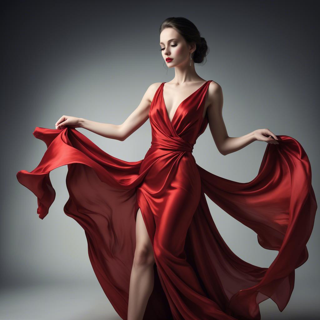A stunning image of graceful woman in a dramatic red silk dress.