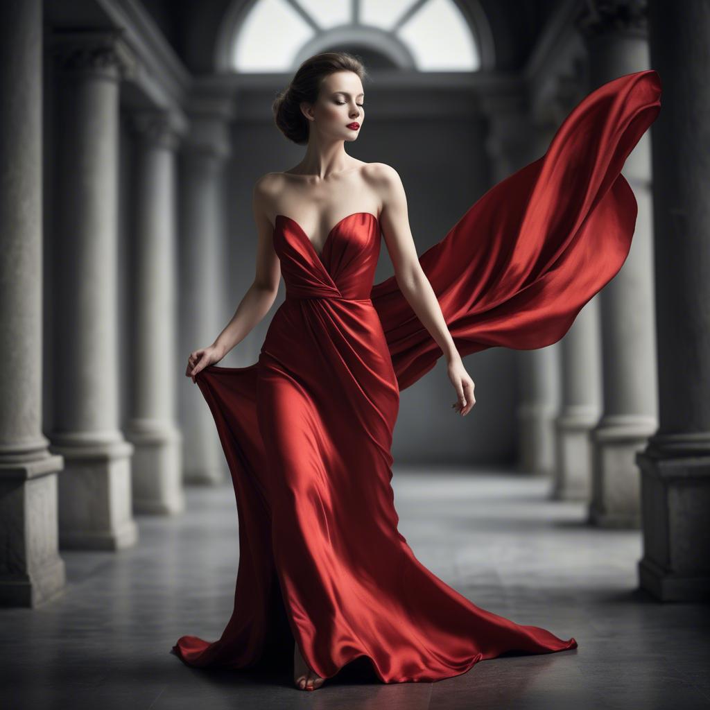 A stunning image of graceful woman in a dramatic red silk dress.