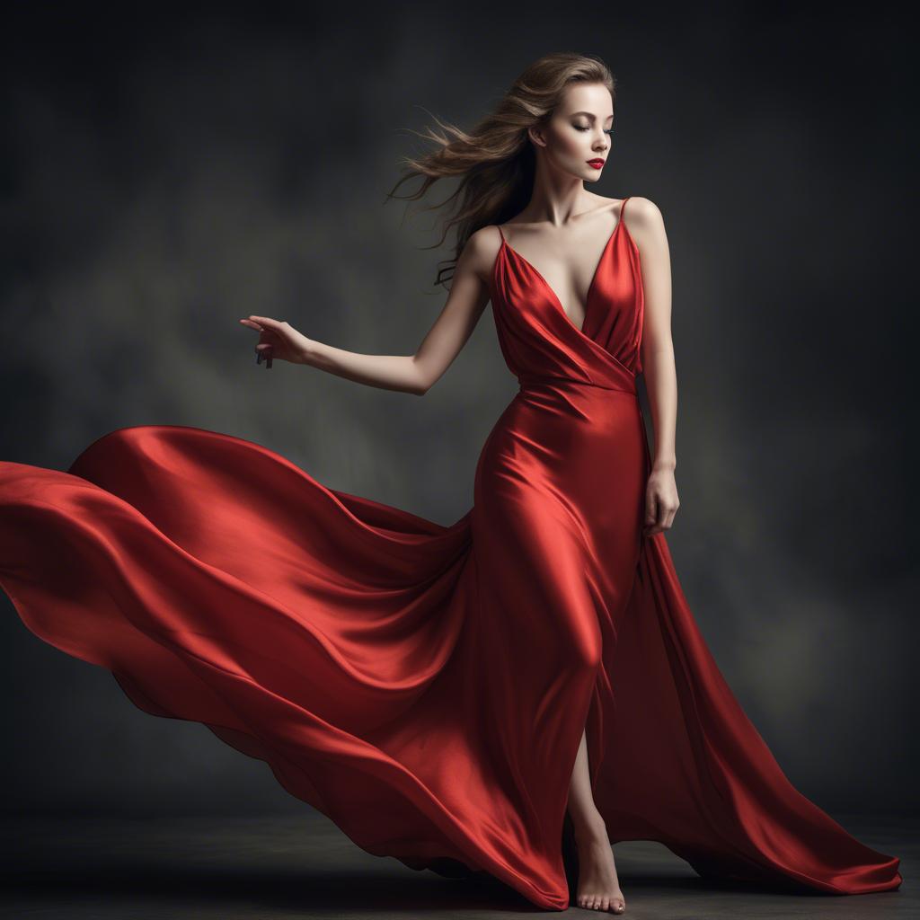A stunning image of graceful woman in a dramatic red silk dress.
