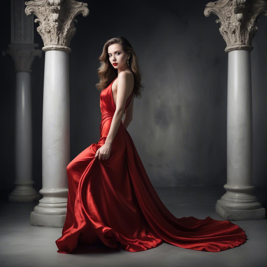 A stunning image of graceful woman in a dramatic red silk dress.
