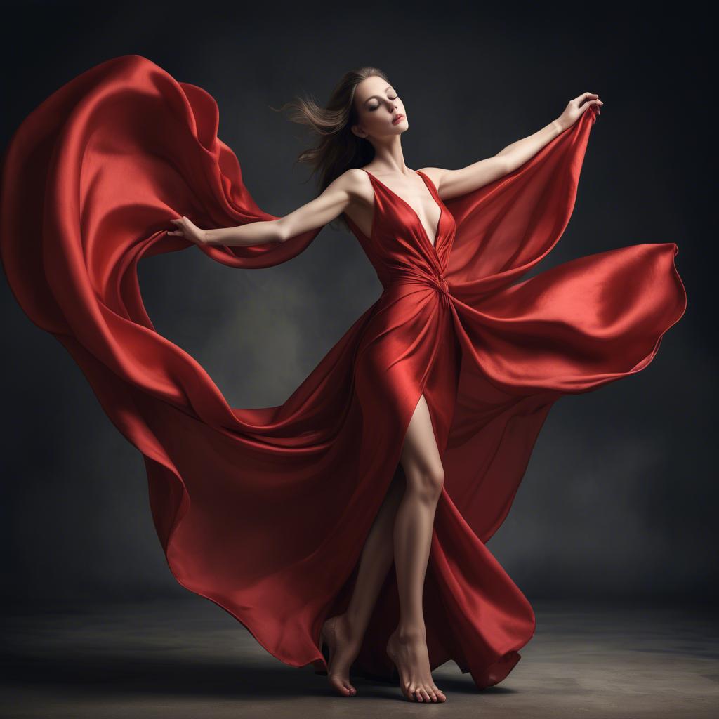 A stunning image of graceful woman in a dramatic red silk dress.