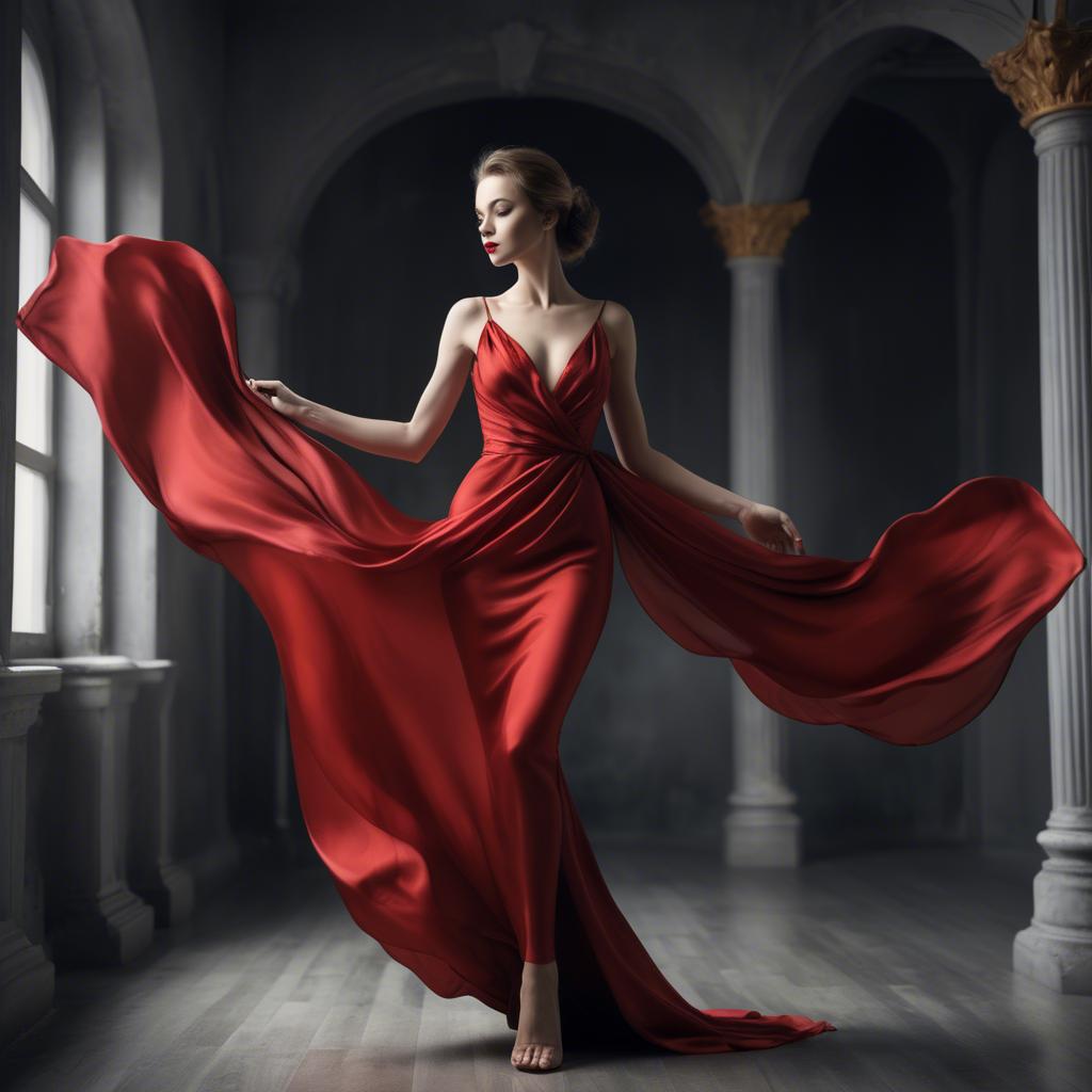A stunning image of graceful woman in a dramatic red silk dress.