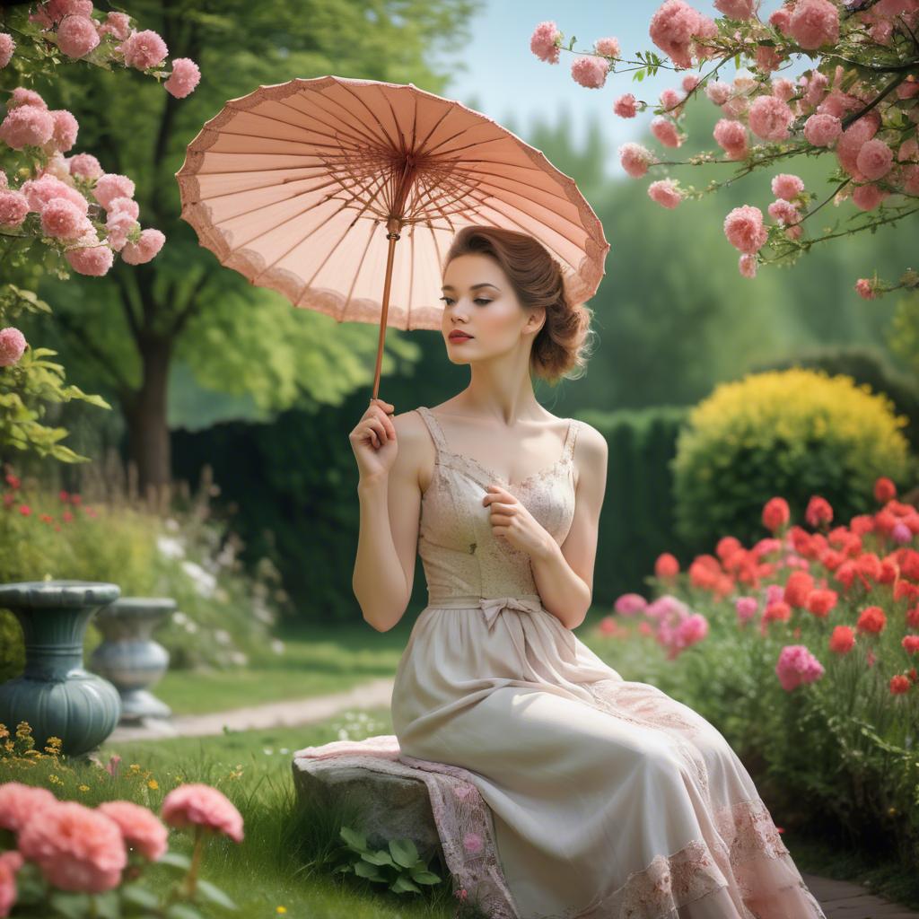 A stunning image of graceful woman with a parasol in a blooming garden.