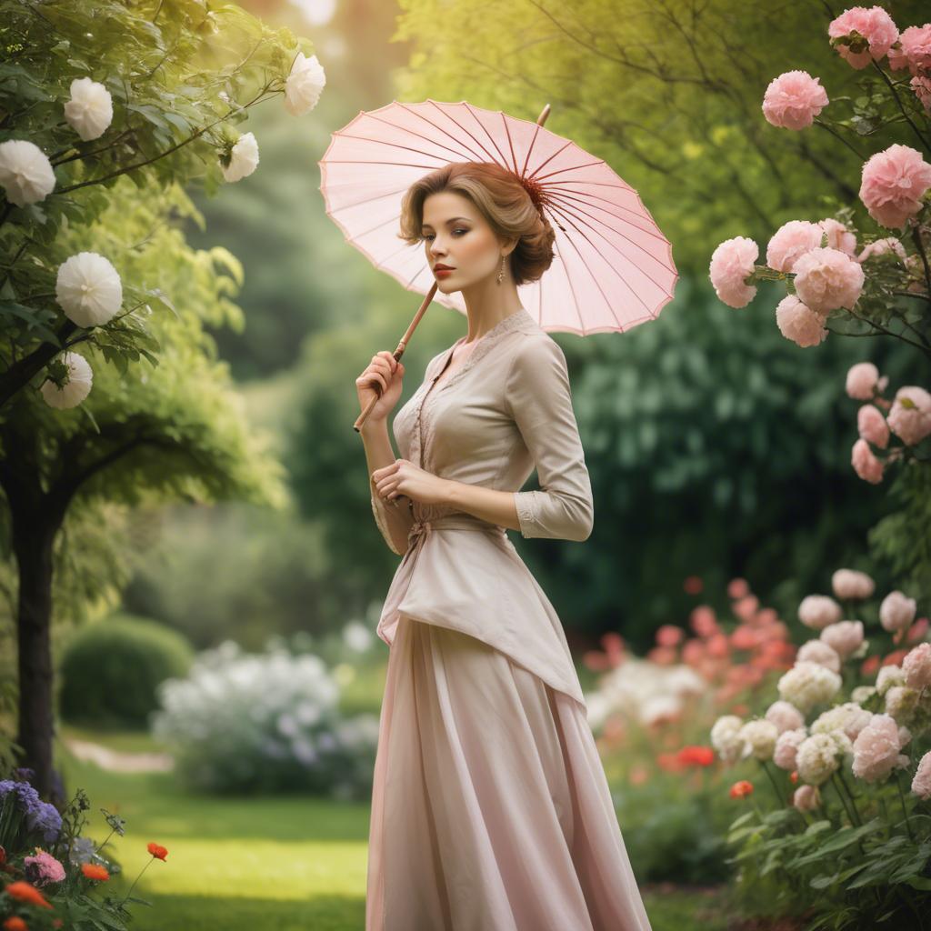 A stunning image of graceful woman with a parasol in a blooming garden.