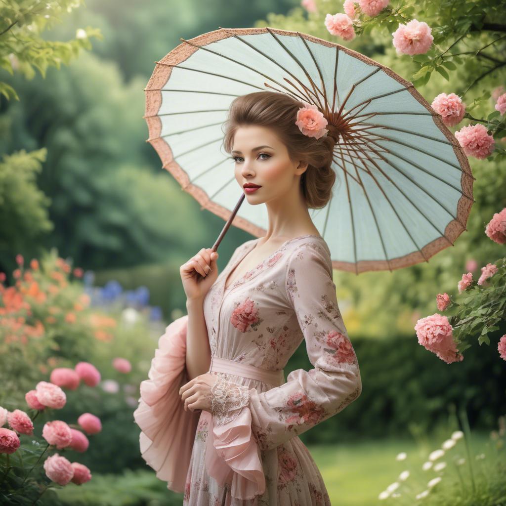 A stunning image of graceful woman with a parasol in a blooming garden.