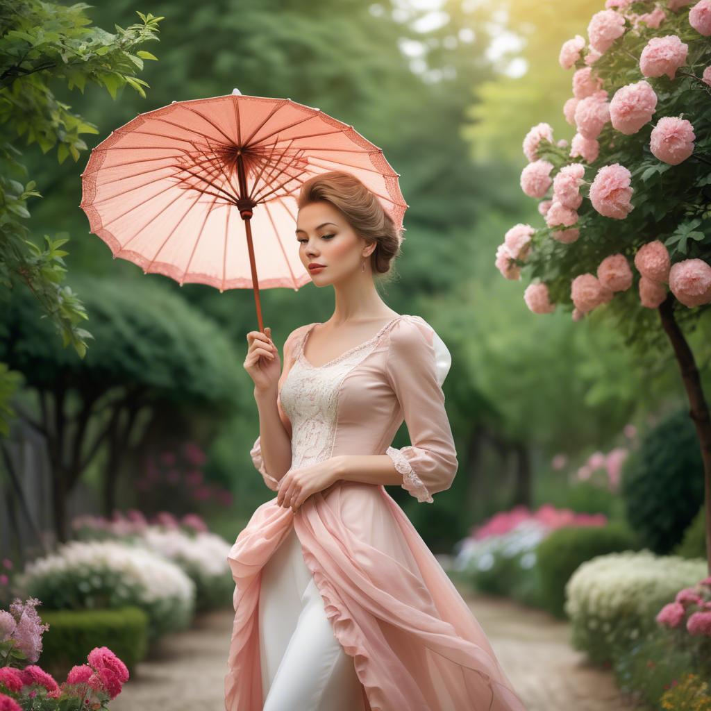 A stunning image of graceful woman with a parasol in a blooming garden.