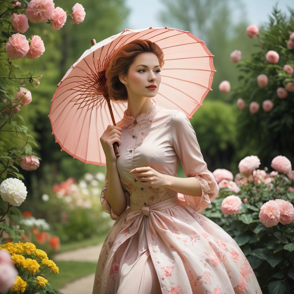 A stunning image of graceful woman with a parasol in a blooming garden.