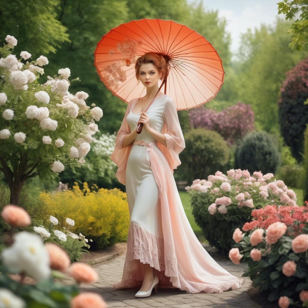 A stunning image of graceful woman with a parasol in a blooming garden.