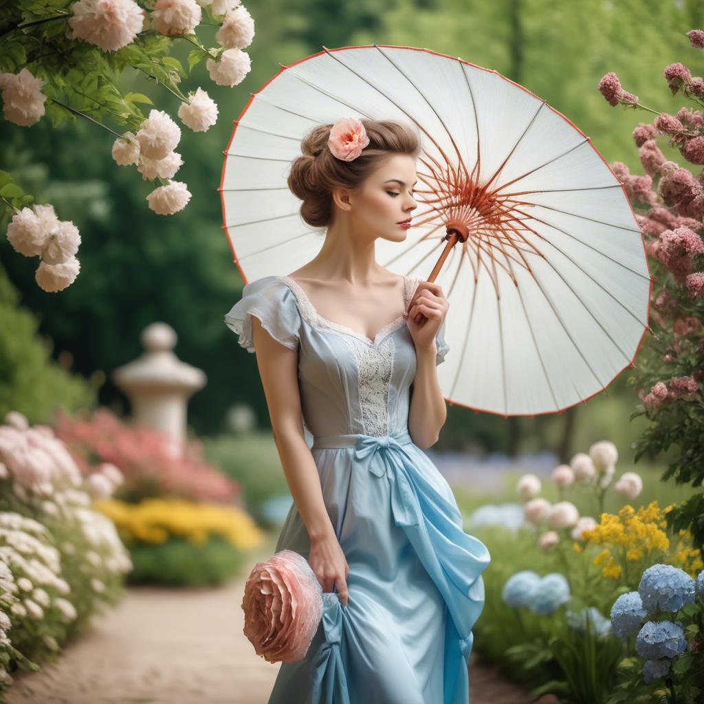 A stunning image of graceful woman with a parasol in a blooming garden.