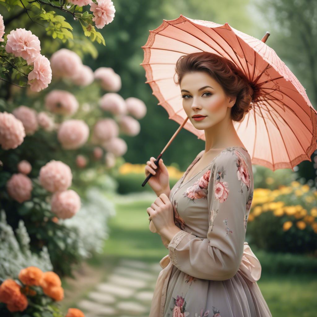 A stunning image of graceful woman with a parasol in a blooming garden.