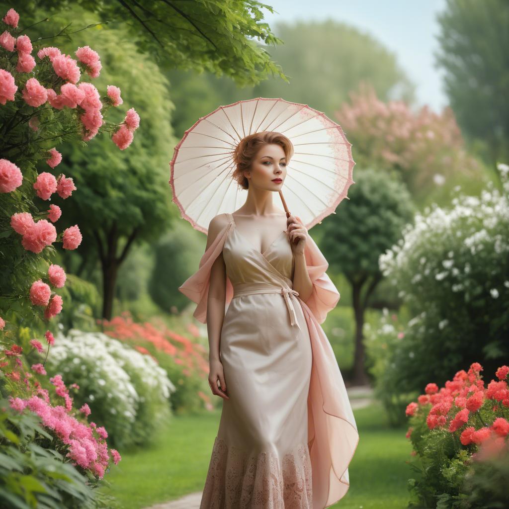 A stunning image of graceful woman with a parasol in a blooming garden.