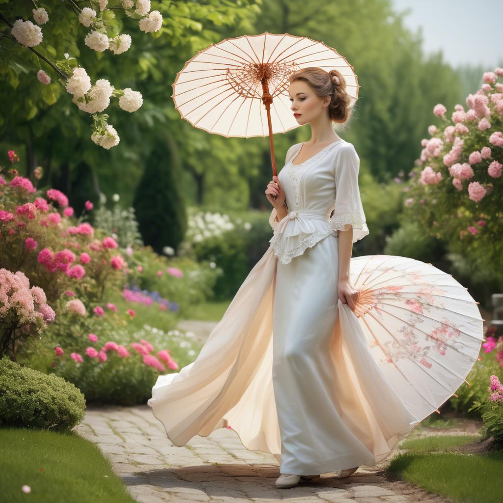 A stunning image of graceful woman with a parasol in a blooming garden.