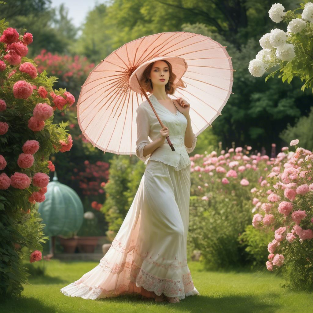 A stunning image of graceful woman with a parasol in a blooming garden.